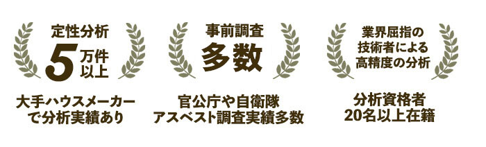 定性分析5万件以上の実績(大手ハウスメーカー で分析実績あり)・アスベスト事前調査2000件現場以上(官公庁や自衛隊 アスベスト調査実績多数)