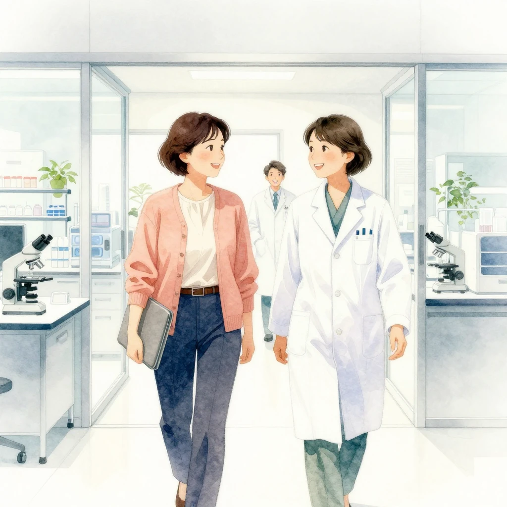 明るい研究所の廊下を並んで歩き、再会を喜ぶ元職員と同僚の水彩イラスト