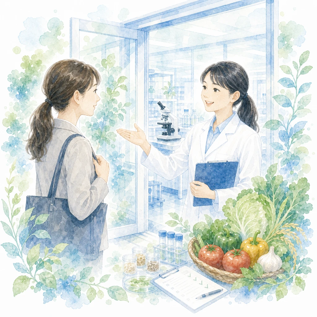 採用応募を検討する候補者と研究所スタッフの水彩イラスト