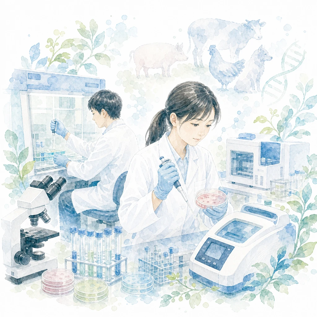 動物衛生検査スタッフの水彩イラスト