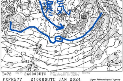 24日朝9時の1500m付近の予想天気図