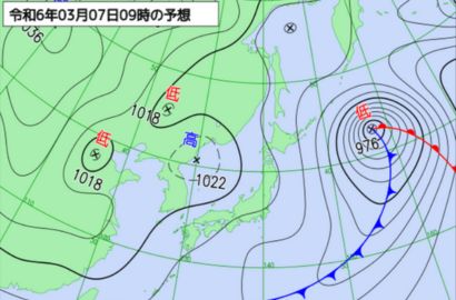 7日(木)朝9時の気象庁予想天気図