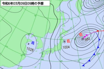9日(土)朝9時の気象庁予想天気図