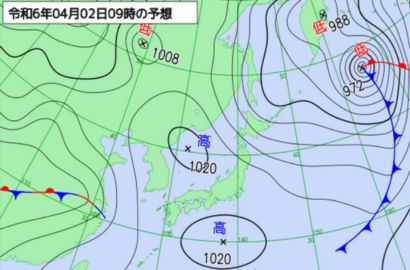 2日(火)朝9時の気象庁予想天気図