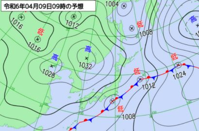 9日(火)朝9時の気象庁予想天気図