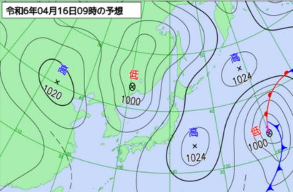 16日(火)朝9時の気象庁予想天気図