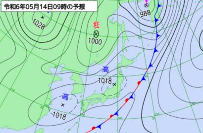14日(火)朝9時の気象庁予想天気図