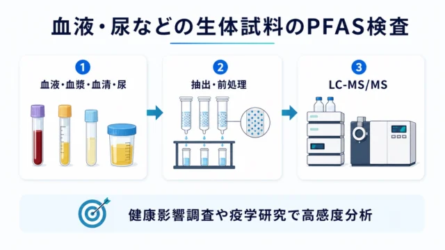血液・尿などの生体試料のPFAS検査の流れ（検体、抽出・前処理、LC-MS/MS）