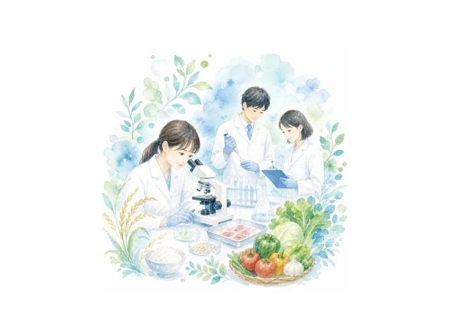 食品の安全を支える検査スタッフの水彩イラスト